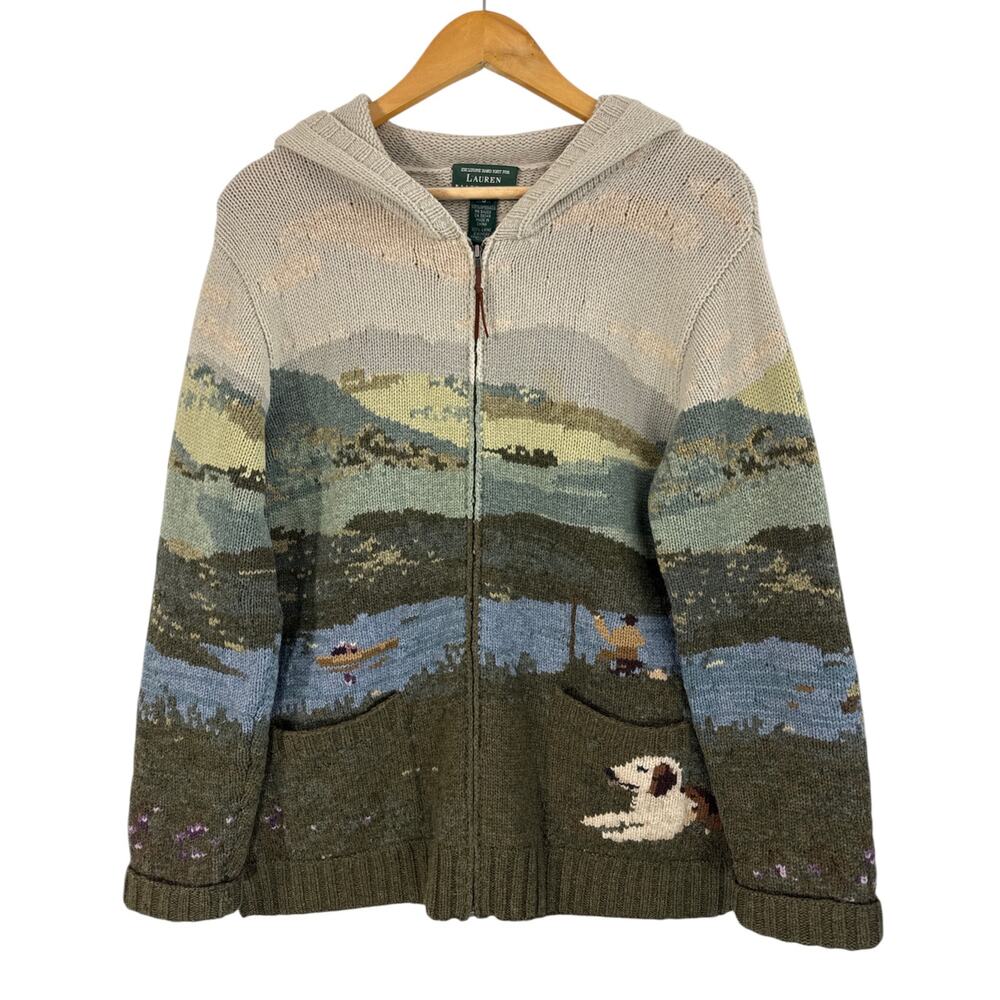 Lauren Ralph Lauren  Hand Knit Lambswool Hoodie Sweater Equestrian Horse Scenic - Picture 2 of 15